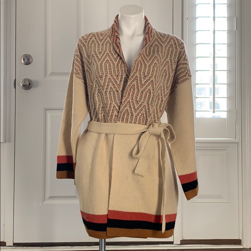 MAXSPORT Ivory Brown Combo Belted Cardigan - Runs Big